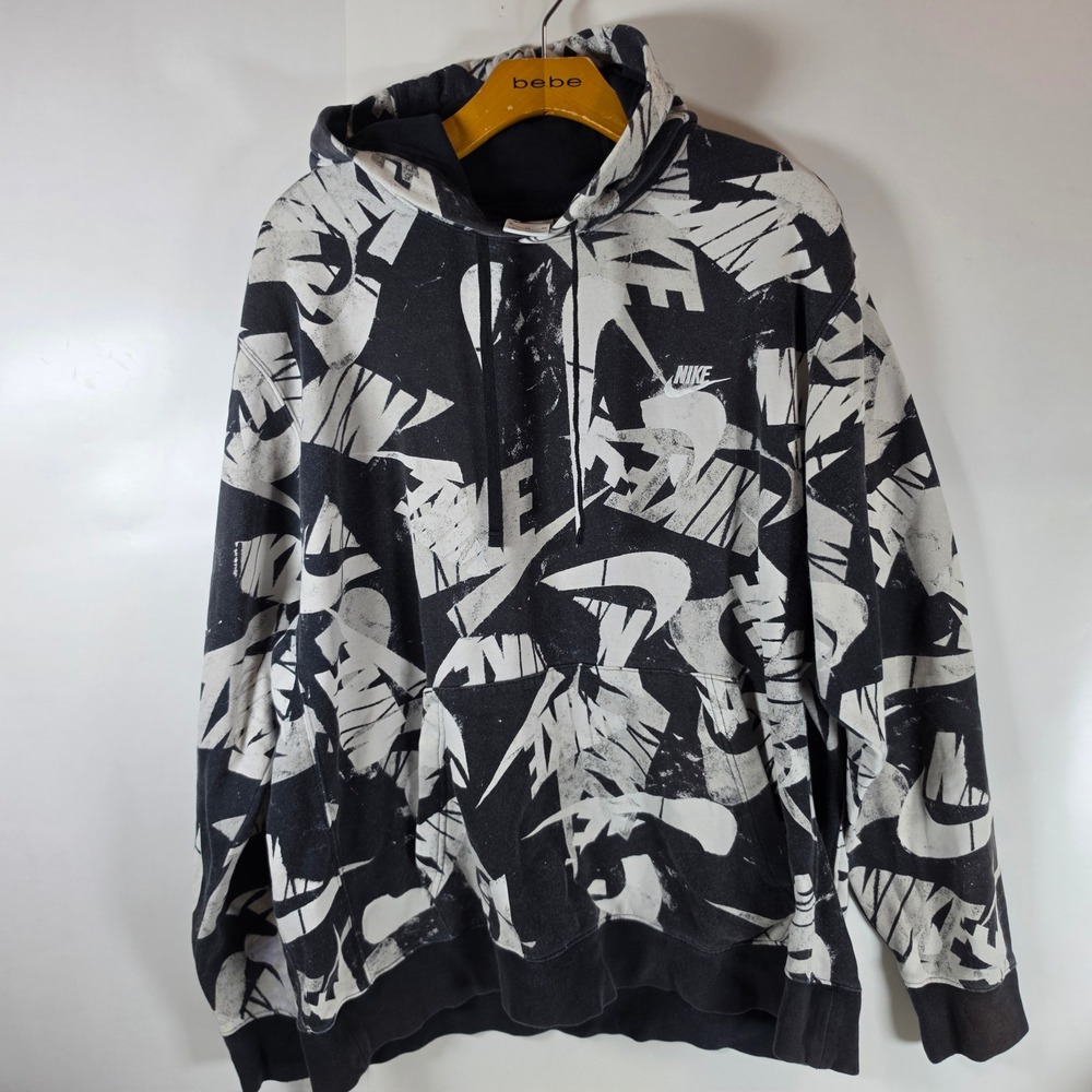 Nike Sportswear Essentials+ Mens Hoodie All Over Print Distressed Black White XL